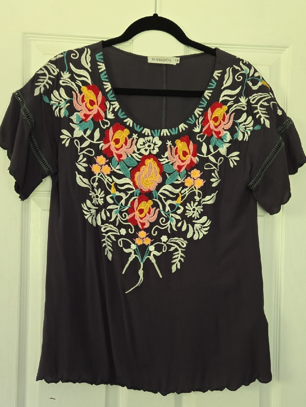 MISSLOOK Dark Blue Floral Embroidered Scoop Neck Blouse